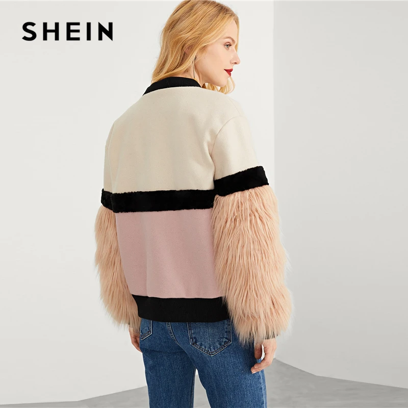 SHEIN Контрастное Пальто На Молнии С Искусственным Мехом На Рукавах Женское Многоцветное Элегантное Пальто Со Стоячим Воротником