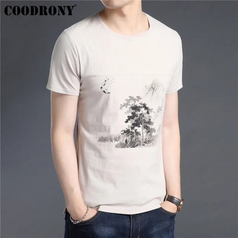 Мужская футболка COODRONY мягкая из хлопка и льна с коротким рукавом круглым вырезом
