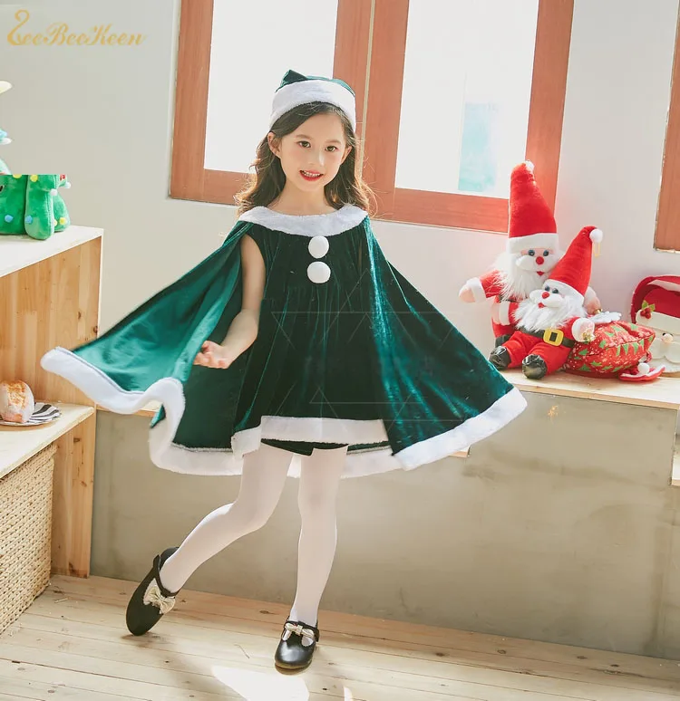 child black Зимний теплый рождественский костюм для женщин, костюм Санта-Клауса для девочек, новогодний костюм, плащ, шляпа, платье, вечерние юбка для взрослых - Цвет: child black