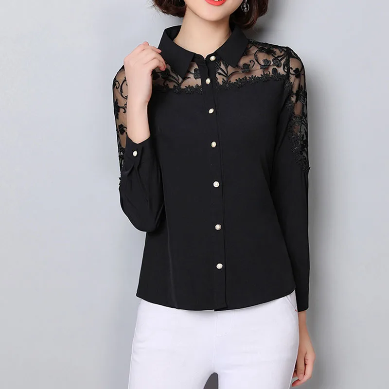 Блузка женская кружевная с отложным воротником и длинным рукавом в стиле