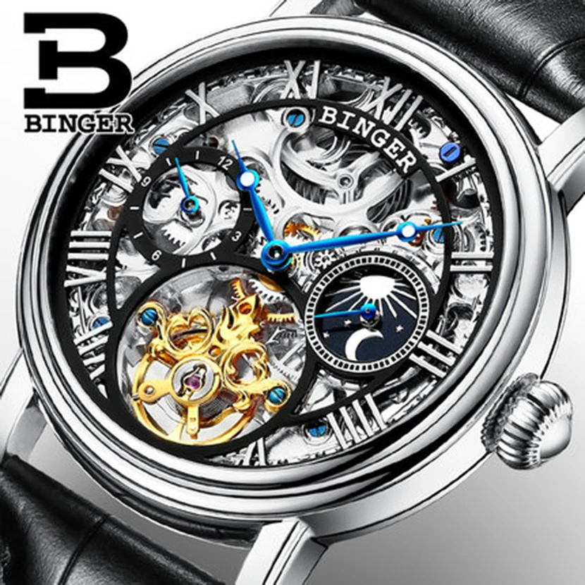 Часы-скелетоны BINGER Мужские механические брендовые Роскошные водонепроницаемые