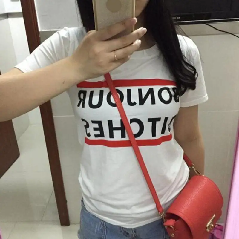 Новинка Женская Классическая футболка Футболка с принтом hello bitces короткими
