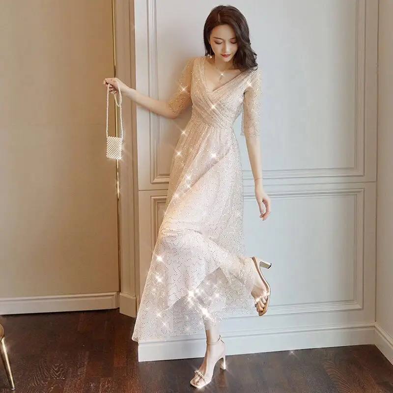 beige evening dress С v-образным вырезом, платья, женские платья вечернее платье на шнуровке с украшениями вечерняя одежда в Корейском стиле с достоинством и элегантные женские летние платья - Цвет: beige evening dress
