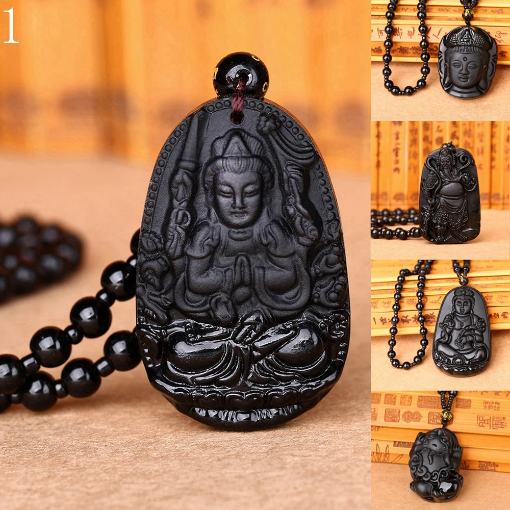 Изысканный черный 100% натуральный обсидиан Shakyamuni ожерелье кулон 35 стильные