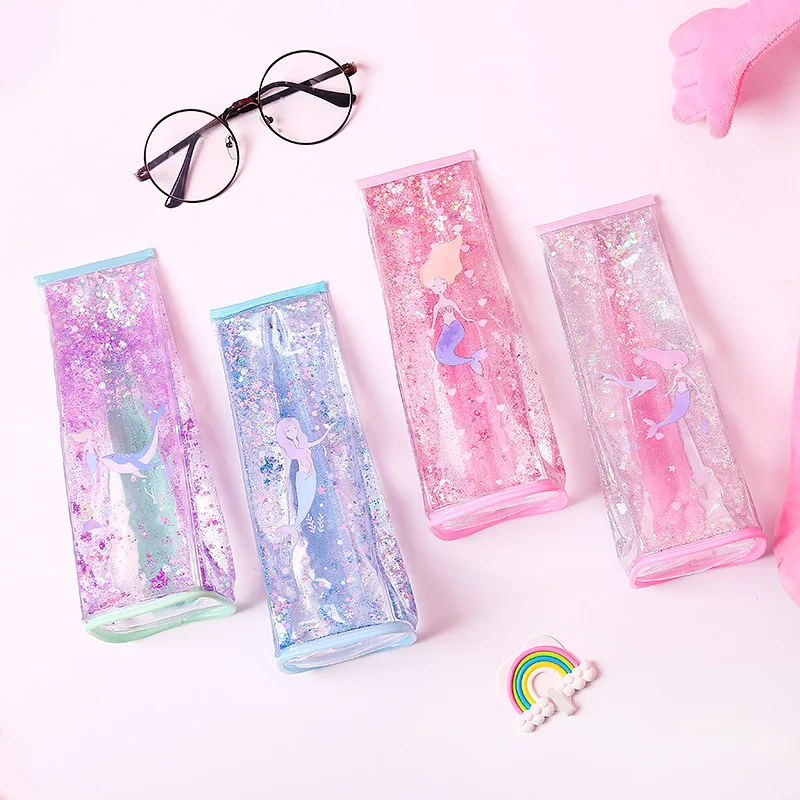 1 шт. кавайный чехол для карандаша и сверкающим узором сыпучего песка молочный