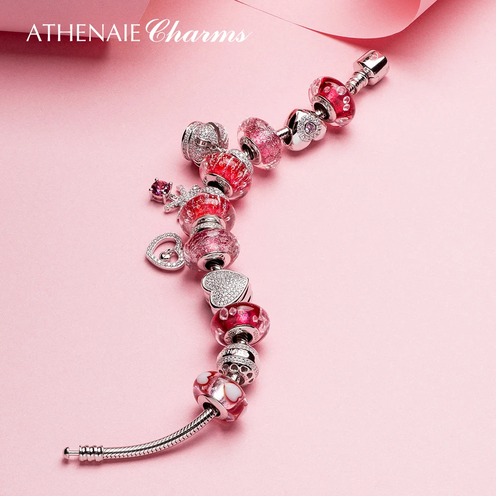 

ATHENAIE 925 Silver Rose Red Heart Crown Charm Bracelet For Women Bead Original Jewelery Gift For Mother's Day Wedding Gifts