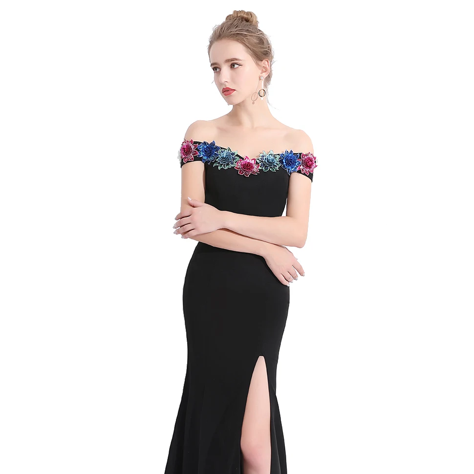 Женское вечернее платье с вырезом лодочкой и аппликацией русалка длинное для