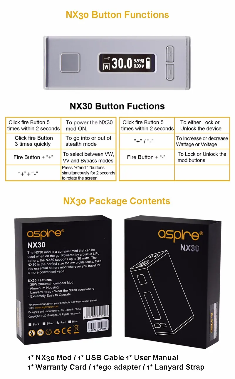 Aspire NX30 электронная сигарета мод встроенный аккумулятор 2000 мАч 30 Вт Паровая коробка Электронная сигарета вапорайзер мод