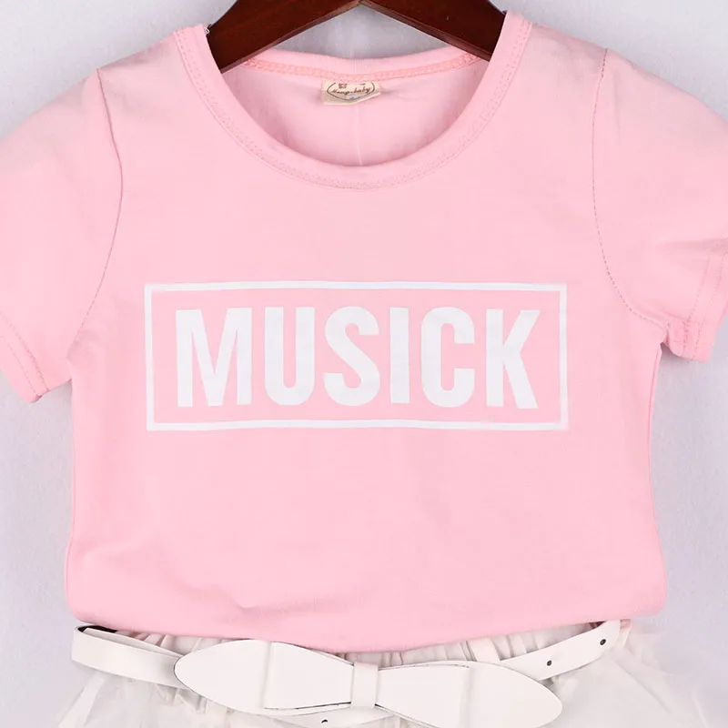 Girls Clothes Set Short Sleeve Pink Letter Shirt And White Organza Shorts With Bow Belt Unique Fashion Kids Girl's Sets | Детская
