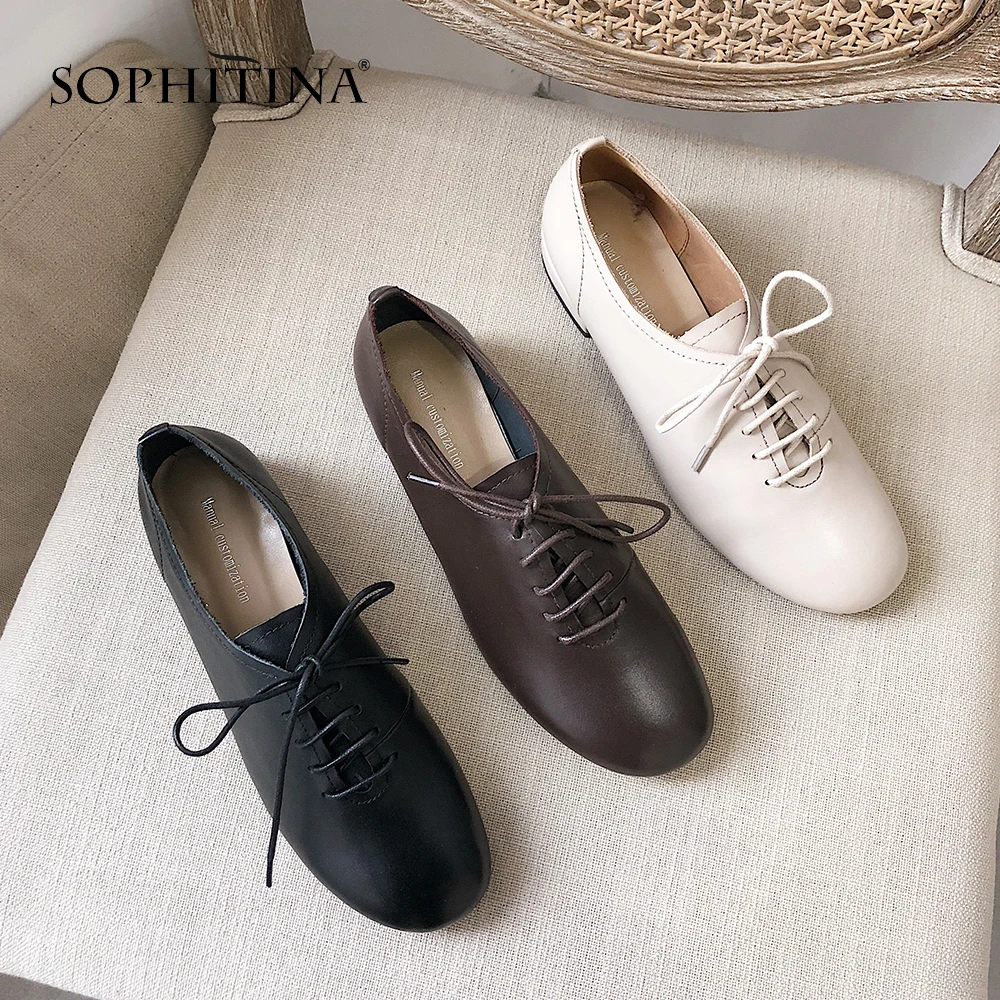 SOPHITINA/Удобные женские туфли из мягкой натуральной кожи с круглым мыском на низком