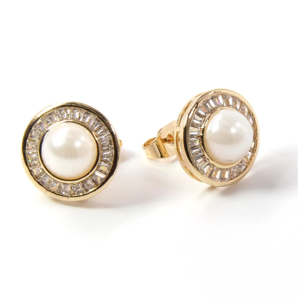 SUNSLL медные серьги гвоздики золотого цвета с фианитами и круглыми жемчужинами 8 мм