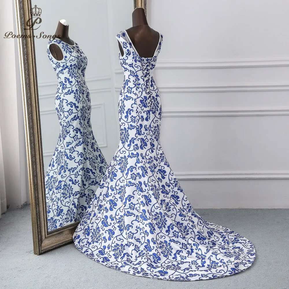 Poems Songs China evening dress blue flower elegant party dress mermaid dress evening gown robe longue soiree