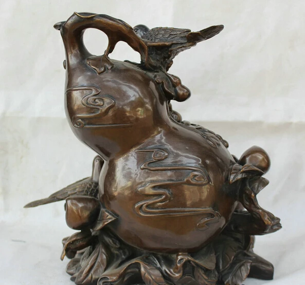 

bi001471 13" Chinese Fengshui Folk Bronze Bird Peach Fu Bottle Gourd cucurbit calabash