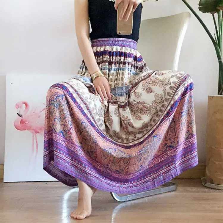 Boho Inspired rayon long skirt summer Autumn New Women's elastic waist Pleated Gypsy striped print saia 2018 chic faldas | Женская