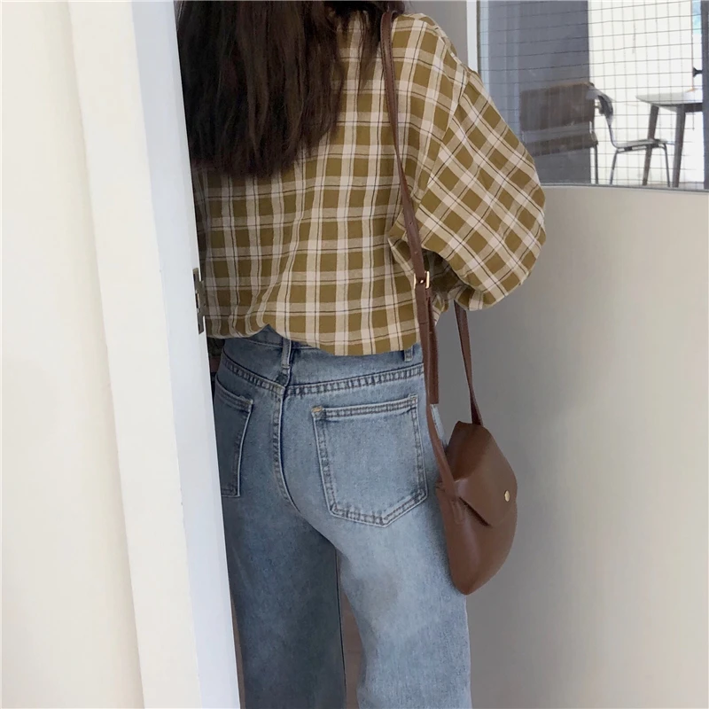 Square Collar Wooden Plaid Shirt Women's Shirts Harajuku Ulzzang Student Lady Kawaii Chic shirt For Women Casual |