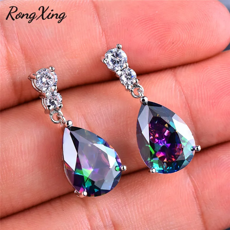Женские серьги капли RongXing серебристые многоцветные циркониевые подвески с