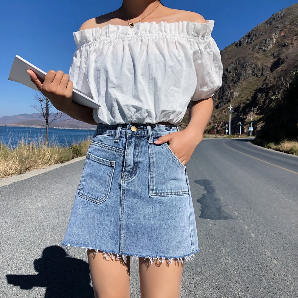 Blue Pockets Casual Mini Denim Skirt Spring Summer New Bodycon Women Skirt Basic Women Jeans Skirt High Waist Saias