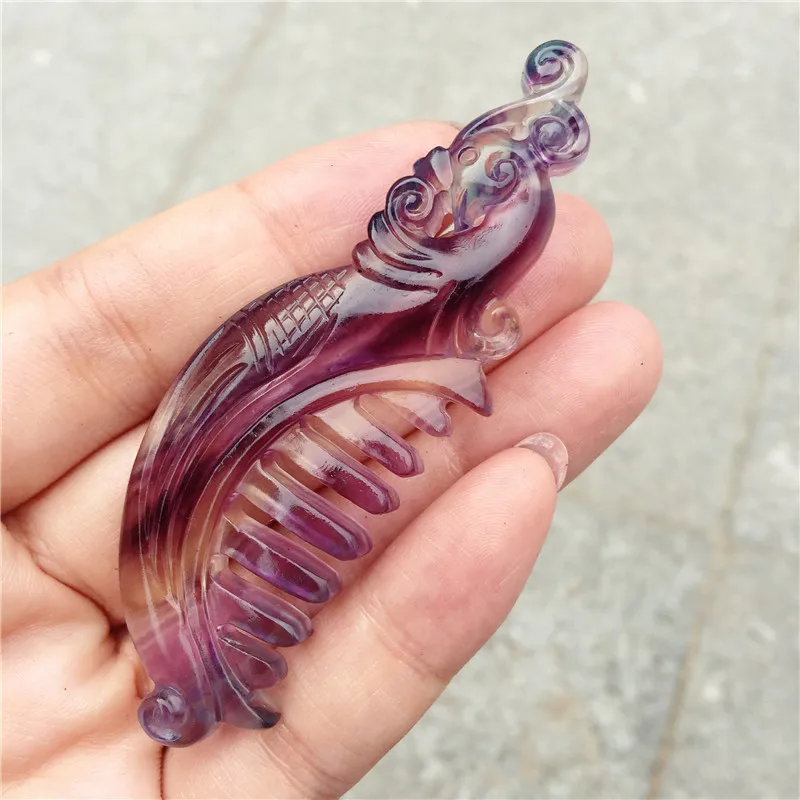 Красивый натуральный Радужный флюорит гребень с орнаментом птица-феникс ручной