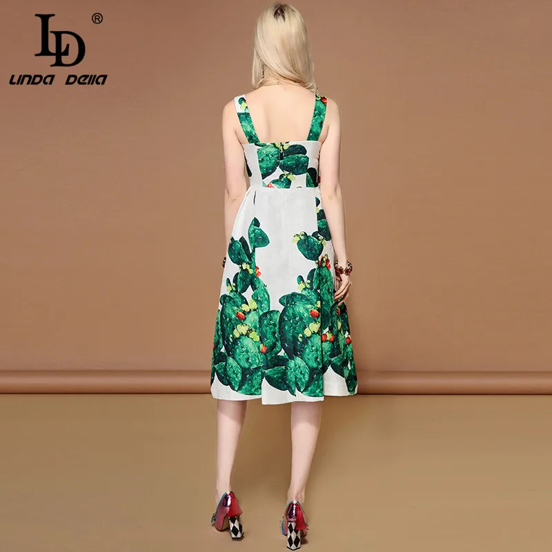 Cuerly 2019 Fashion Summer square collar Dress Women's Sleeveless Crystal Beading Green plant Cactus Printed Casual Dresses | Женская