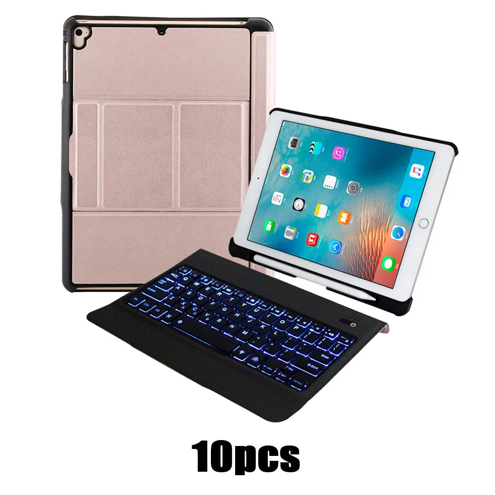 10pcs Rose Gold 10 шт., 9,7 дюймов, планшет, Bluetooth, светодиодный, подсветка, испанская клавиатура со слотом для ручки, кожаный чехол, подставка для планшета, для iPad Air 1 2 Pro - Цвет: 10pcs Rose Gold