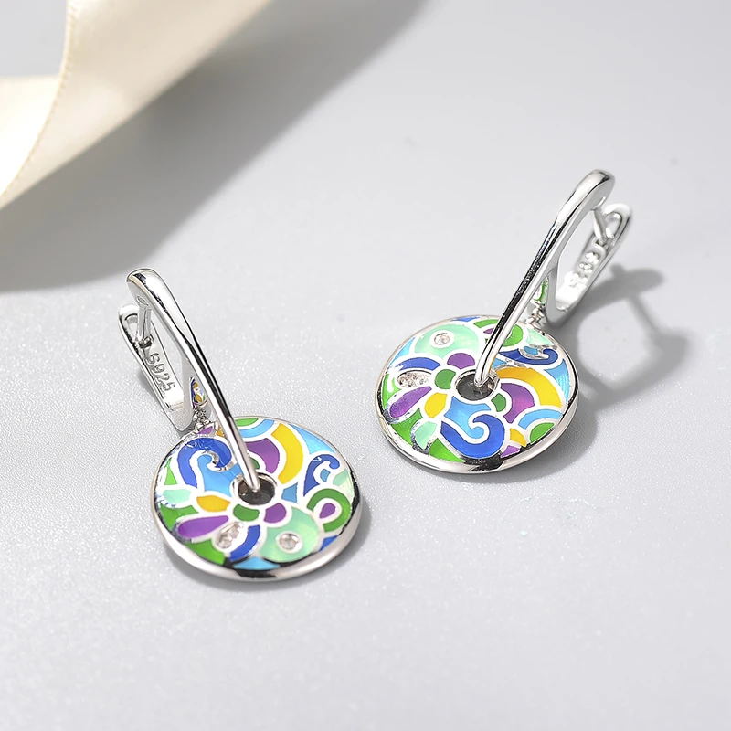 2018 Fashion gift 925 Sterling Silver round shape sparkling CZ Colourful Enamel fine Dangle Earrings Party Jewelry | Украшения и