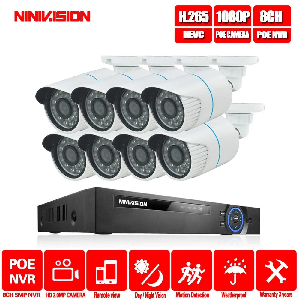 NINIVISION 8CH 5MP 1080P HDMI POE NVR комплект CCTV система безопасности 2MP IR наружная аудио запись