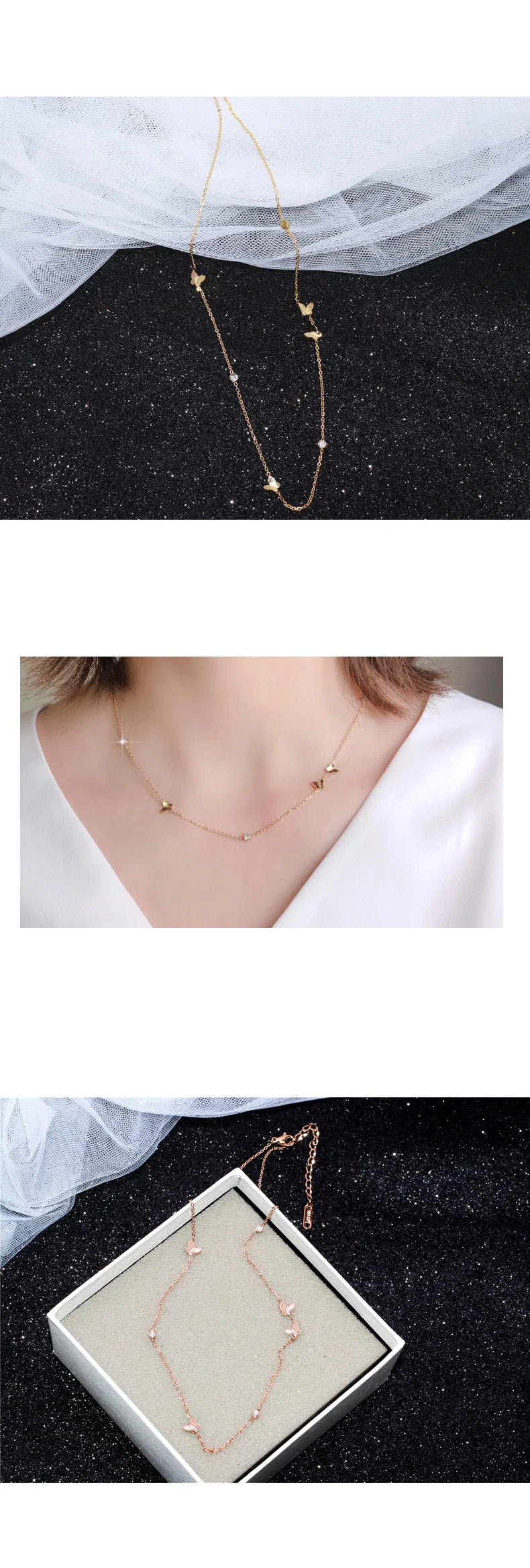 YUN RUO New Arrival Rose Gold Color Fashion Crystal Butterfly Chain Necklace Titanium Steel Jewelry Woman Gift Never Fade