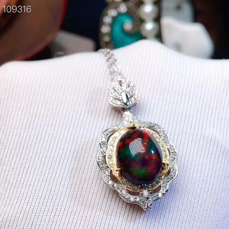 Pendant necklace MeiBaPJ Редкий Натуральный Черный Чистый опал драгоценный камень кольцо и ожерелье 2 Сиут для женщин Настоящее 925 пробы серебряные ювелирные изделия - Цвет камня: Pendant necklace