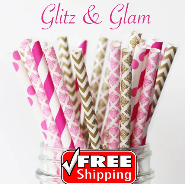 

250 Pcs Mixed 5 Designs GLITZ & GLAM Themed Paper Straws - Pink and Gold,Chevron,Damask,Dot,Stripe,Wedding,Birthed,Baby Shower