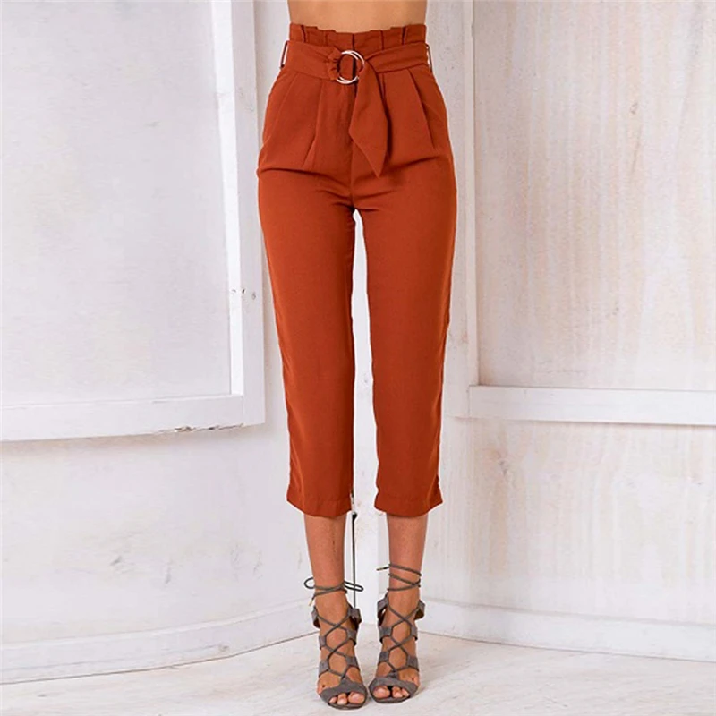 Модные повседневные брюки с высокой талией летние прямые поясом офисные женские
