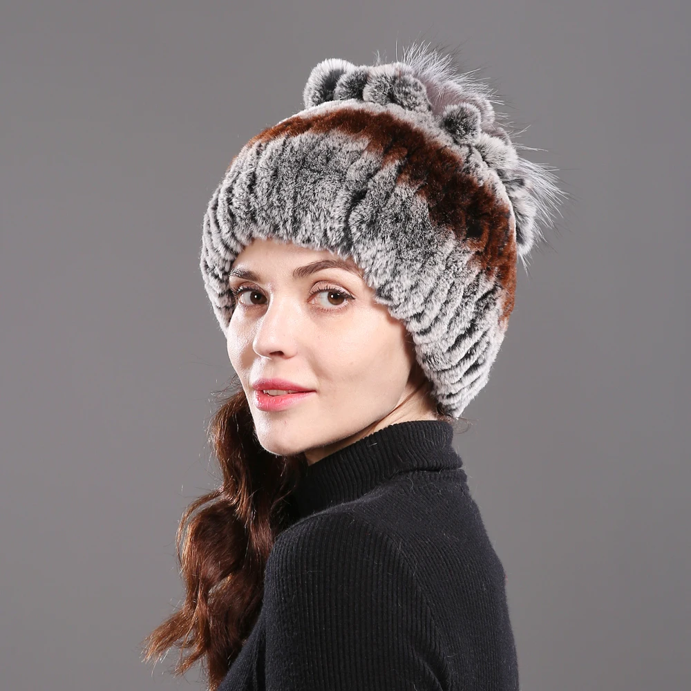 Горячая Распродажа Настоящий мех кролика Skullies Beanies шапки женские зимние теплые ручной работы вязаная шапка из меха кролика рекс с натуральным лисьим мехом шапка