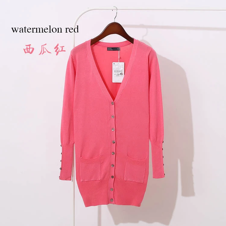 watermelon red Гарантия качества, весенне-осенний женский брендовый кардиган с пуговицами, длинный Повседневный тонкий хлопковый однотонный вязаный B-004 - Цвет: watermelon red
