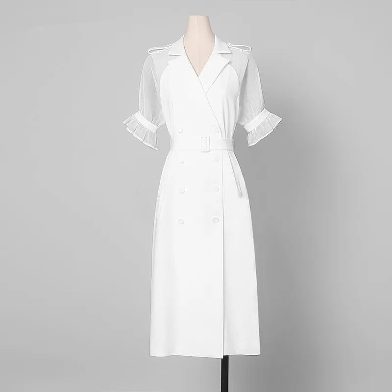 Ladies Elegant Office Dress 2018 Women Autumn White Vintage V-neck Puff Sleeve Mid-Calf Chiffon Vestido | Женская одежда