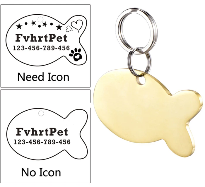 Fish TR GOLD Идентификационная бирка для домашних животных из нержавеющей стали, идентификационная бирка для домашних животных, идентификационная бирка для кошек, ошейник для кошек, аксессуары с телефонными ярлыками для секса и имени, гравировка - Цвет: Fish TR GOLD