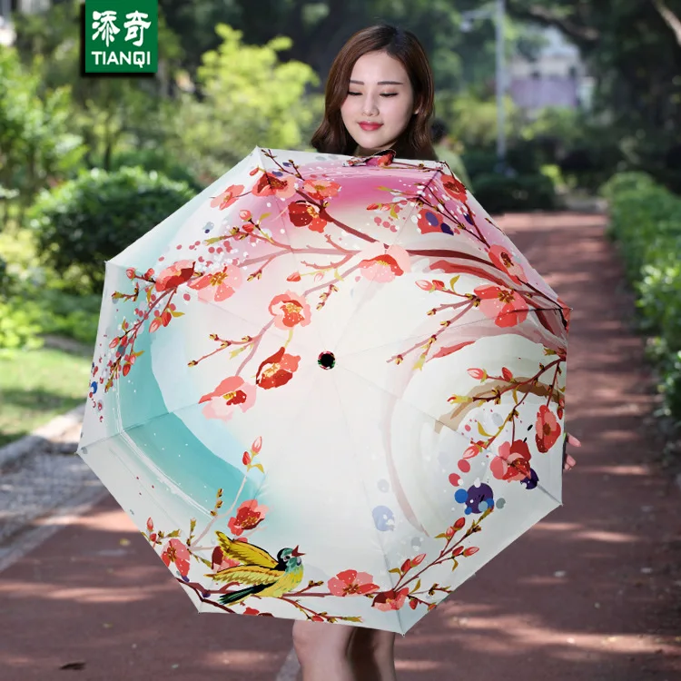 

Peach Blossom Pattern Umbrella Women Oil Painting 3 Folding Parasol Fashion Lady Portable Girl Friend Gift Kids