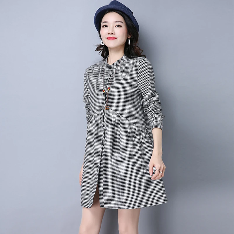 Женское винтажное платье-рубашка в клетку с длинным рукавом хлопковое платье