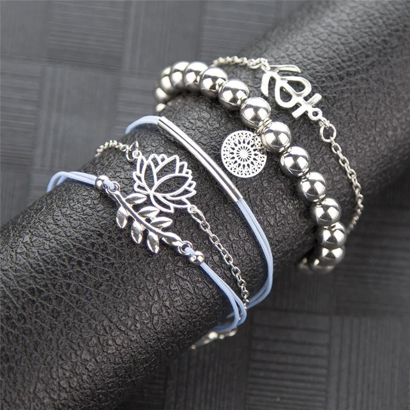 LUSION Trendy Bohemian Leaf Lotus Circle Fistula Bracelet Sets For Women Fashion MultiLayer Charm Bangles Female New 5Pcs/set