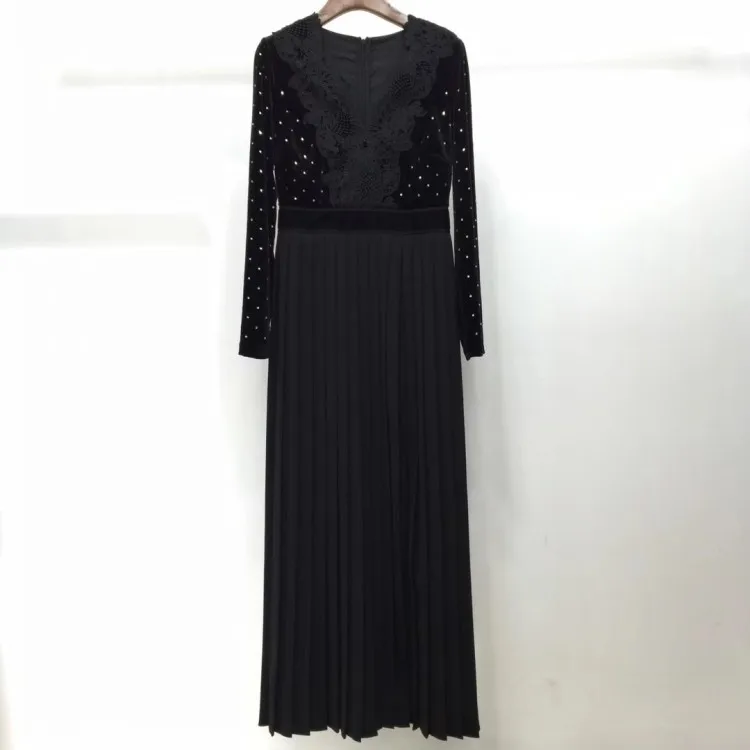 

2019 Spring new elegant velvet dresses Womens lace trimmed diamonds maxi dress long sleeve v neck self portrait dress