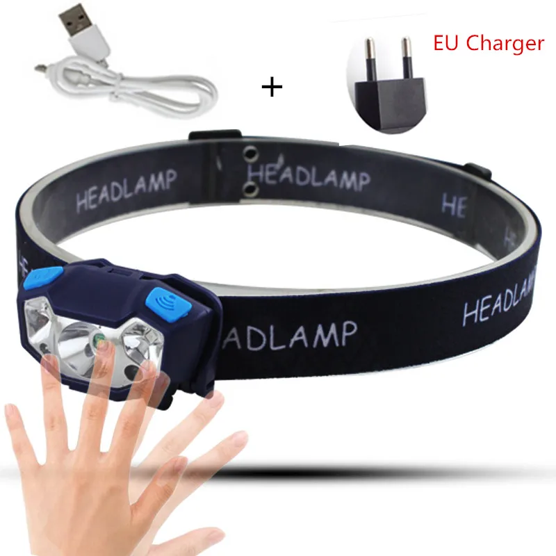Lamp USB EU Charger Светодиодный налобный фонарь с usb-зарядкой Q5 с ИК-датчиком движения, водонепроницаемая перезаряжаемая лампа, встроенный аккумулятор, Головной фонарь, фонарик - Испускаемый цвет: Lamp USB EU Charger