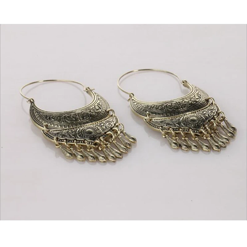 Bohemia Vintage Retro Tribal Antique Silver Ethnic Carved Moon Long Tassel Earrings for Women Jewelry Punk Beads Earring | Украшения и