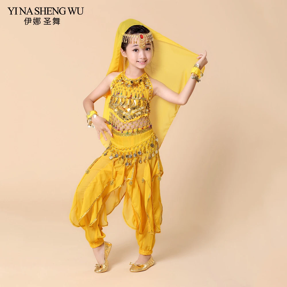 

2018 children belly dance 5 pcs(top+pant+waist chain+bracelet+headdress) indian clothes girls belly dance bollywood costume H005