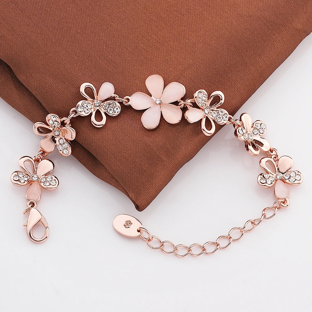 High Quality Rose Gold Color Crystal Opal Flowers Bracelet & Bangles Items Chunky Statement Bijoux Women Girls Jewelry | Украшения и