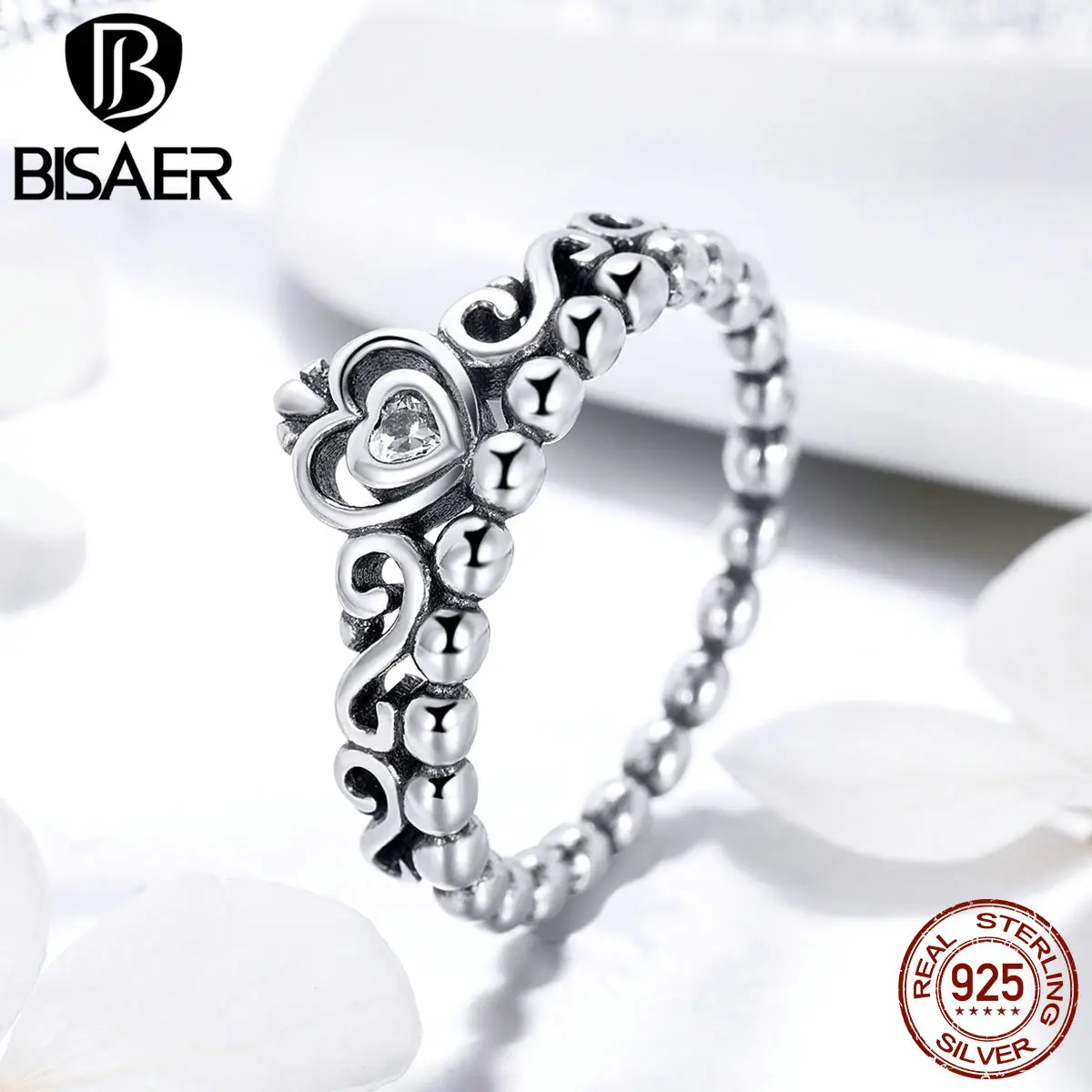 BISAER, настоящее 925 пробы, серебряное кольцо принцессы, корона королевы, свадебные кольца на палец для женщин, ювелирные изделия из стерлингового серебра, подарок ECR396