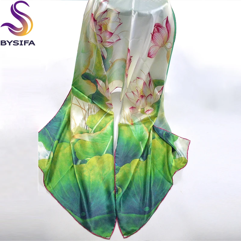 Женский Длинный шарф из 100% шелка зеленый с принтом лотоса 178*52 см для зимы и осени |
