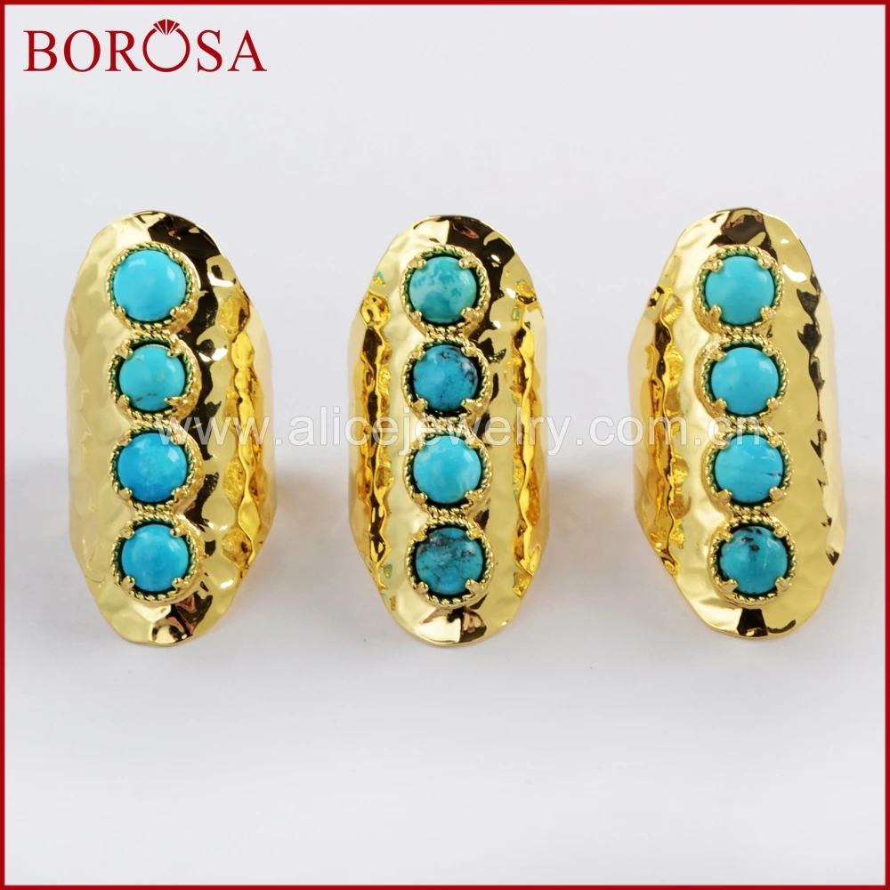 

BOROSA, модные ювелирные изделия, 5 пар, золотой цвет, Круглый, четыре натуральная бирюза, кольцо, естественный голубой Хаулит, кольцо, ZG0337