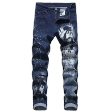 Sokotoo мужские джинсы с 3D принтом волка тонкие синие Стрейчевые