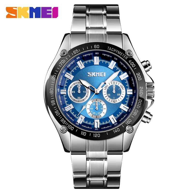 silver blue SKMEI мужские s часы лучший бренд класса люкс кварцевые спортивные часы для мужчин 30 м водонепроницаемые из нержавеющей стали мужские наручные часы Relogio Masculino - Цвет: silver blue