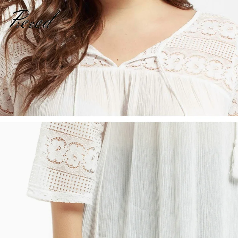 Women's T-shirt Lace Long Sleeve Large Size Solid Color splice perspective V-Neck Spring and Summer Loose casual High Street Top | Женская