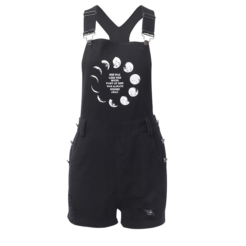 Moon Phase Printed Denim Overalls Shorts for Women Summer Gothic Straps Streetwear Girls Punk Letter | Женская одежда