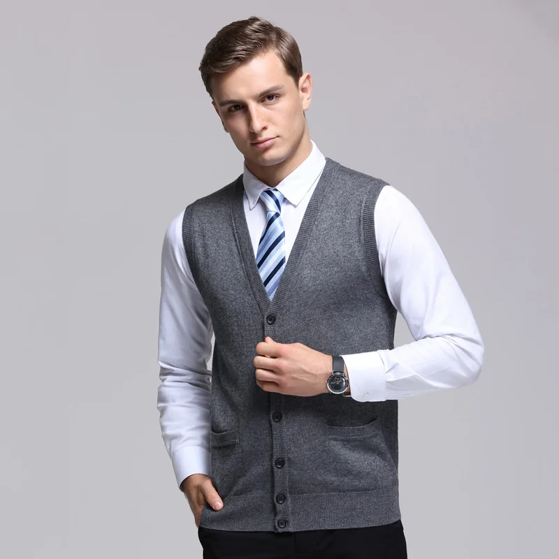 

New 2017 mens autumn plain cashmere cardigan vest v-neck male casual solid color sleeveless wool sweater cardigan